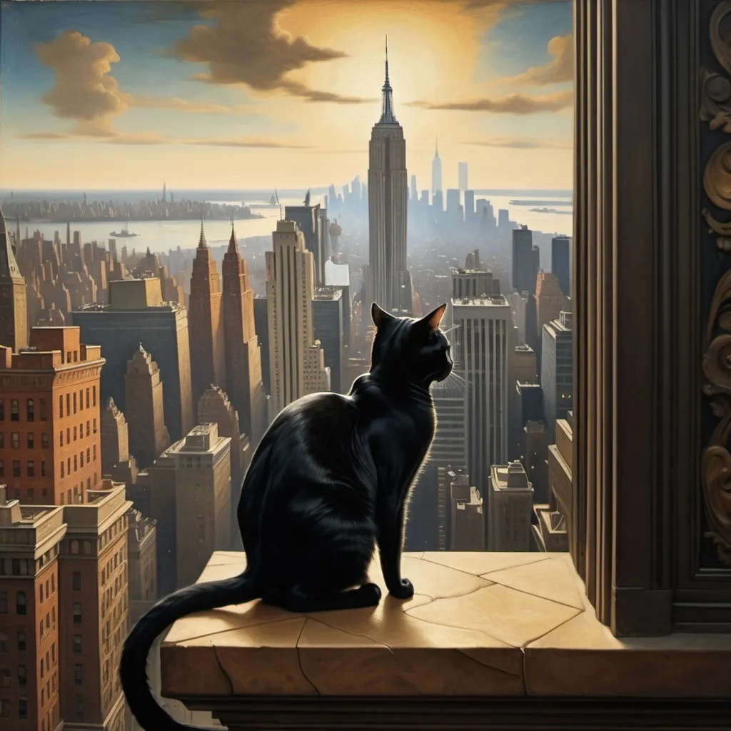 Prompt: Black cat looking down on new york from a high floor in the style of lorenzo lotto
