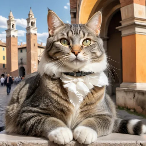 Prompt: A grey tabby cat with white paws visiting verona in the style of lorenzo lotto
