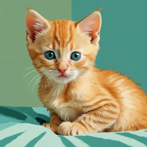 Prompt: Diluted Apricot kitten in the style of Hockney
