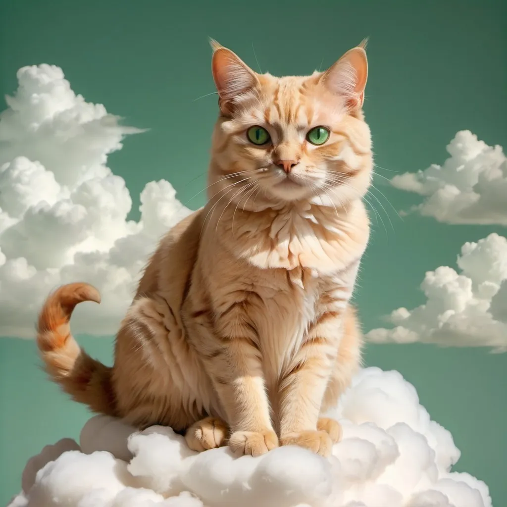 Prompt: Diluted apricot cat with green eyes sitting  on a cloud 
 in the style of tiepolo
