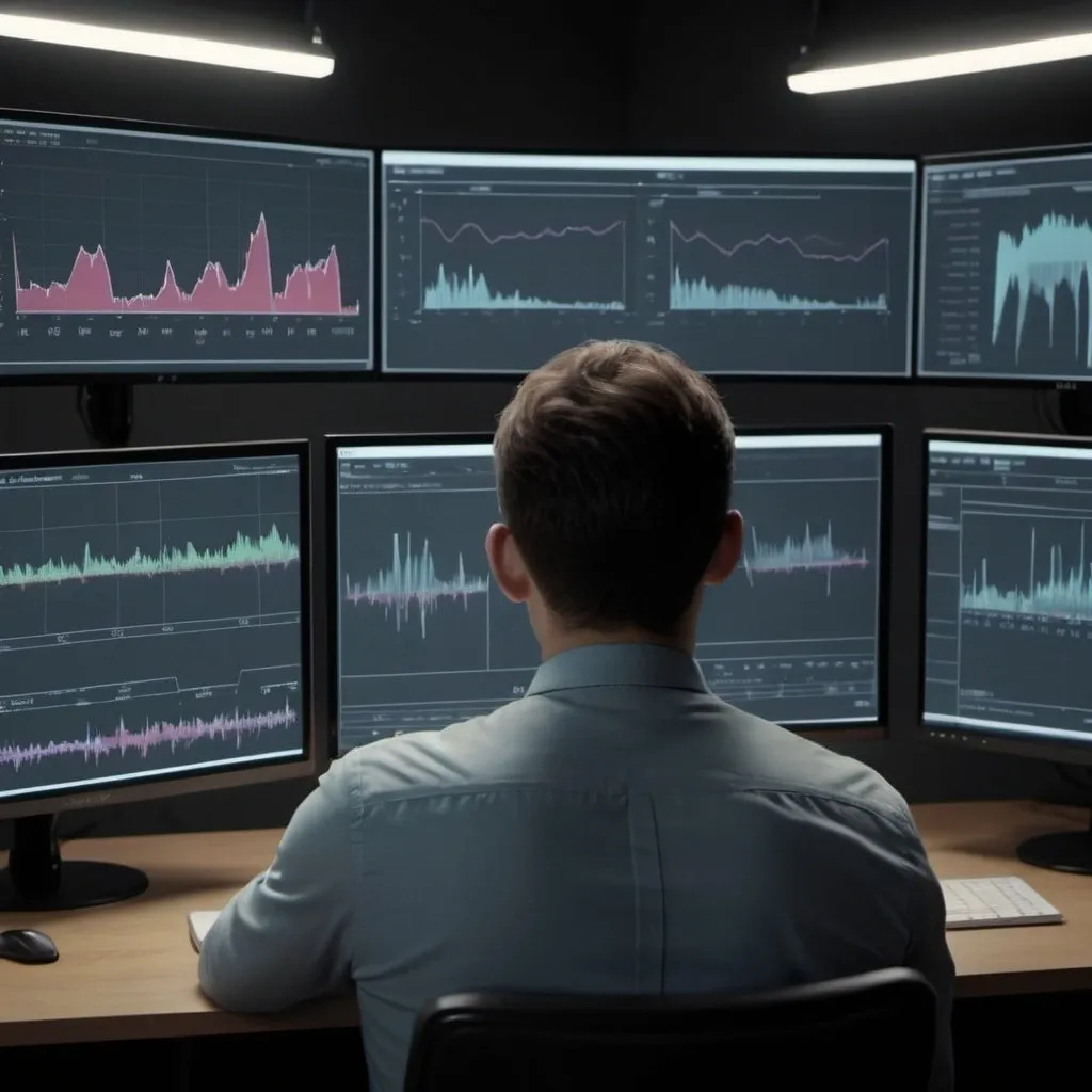 Prompt: The camera films the backs of people who look at monitors with graphs, histograms, diagrams #4k #realistic