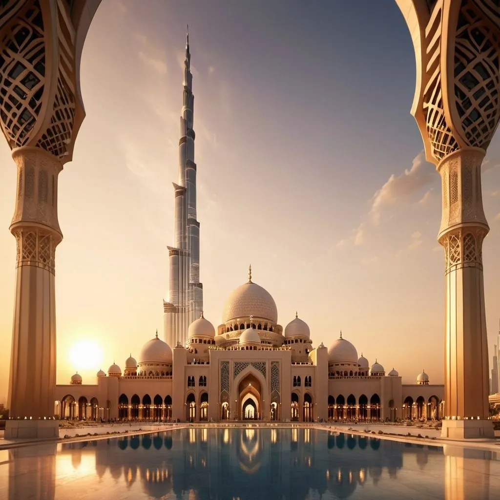 Prompt: Mosque in front of Burj Khalifa, golden sunset, detailed architectural design, high quality, 3D rendering, majestic pillars, ornate domes, intricate carvings, serene atmosphere, grand scale, warm tones, breathtaking view, iconic landmark, impressive skyline, beautiful calligraphy, sunset lighting