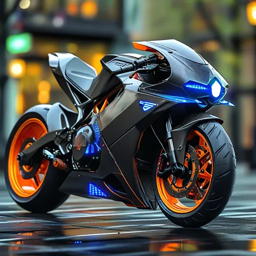 Prompt: Create a high-performance sport motorcycle with an aerodynamic and futuristic design. The bike should have a sleek matte red body accented with glowing neon blue details, including LED lights along the edges. Design a sharp, angular frame with a carbon fiber finish, showcasing modern engineering. Add ultra-modern alloy wheels with low-profile tires and a powerful exhaust system emitting a subtle blue glow. Place the bike in an urban setting at night, with soft reflections from wet pavement and a backdrop of city lights. Emphasize speed, style, and cutting-edge technology in every detail.