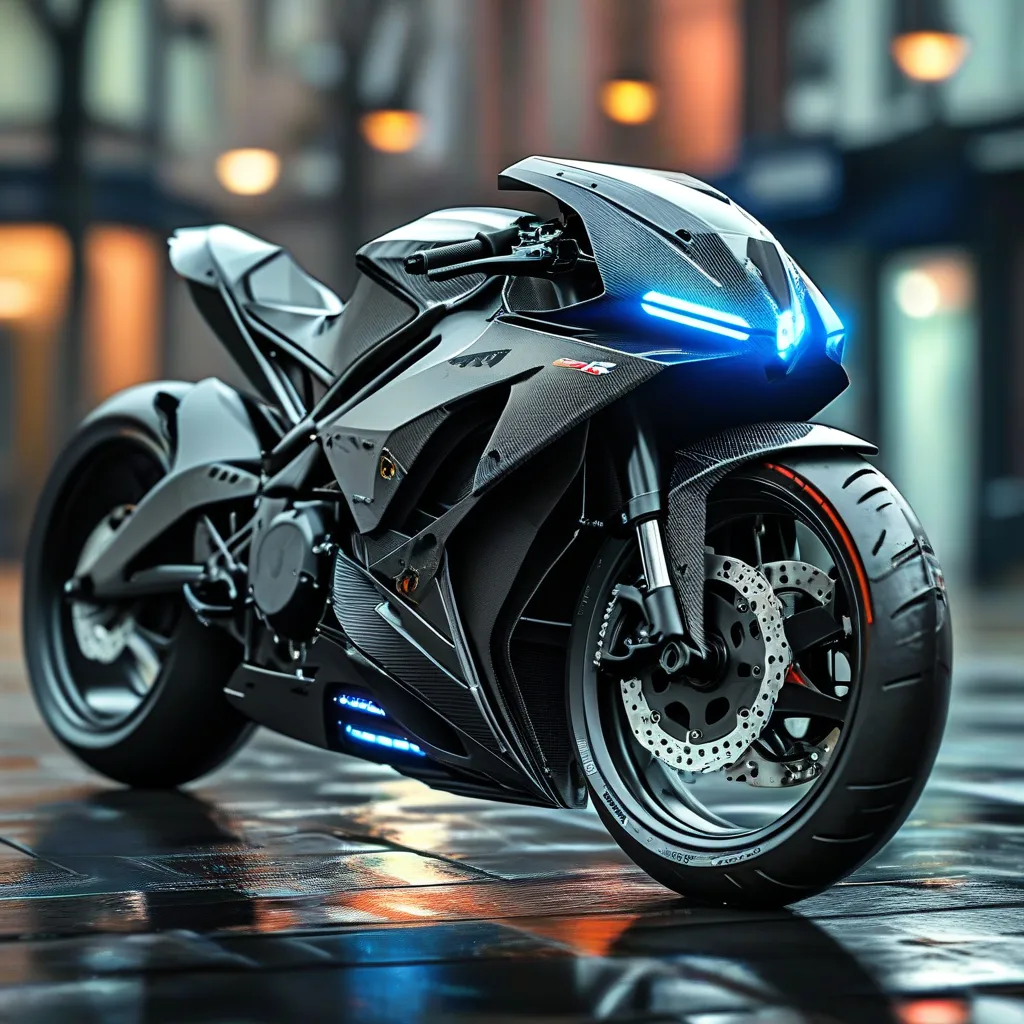 Prompt: Create a high-performance sport motorcycle with an aerodynamic and futuristic design. The bike should have a sleek matte black body accented with glowing neon blue details, including LED lights along the edges. Design a sharp, angular frame with a carbon fiber finish, showcasing modern engineering. Add ultra-modern alloy wheels with low-profile tires and a powerful exhaust system emitting a subtle blue glow. Place the bike in an urban setting at night, with soft reflections from wet pavement and a backdrop of city lights. Emphasize speed, style, and cutting-edge technology in every detail.