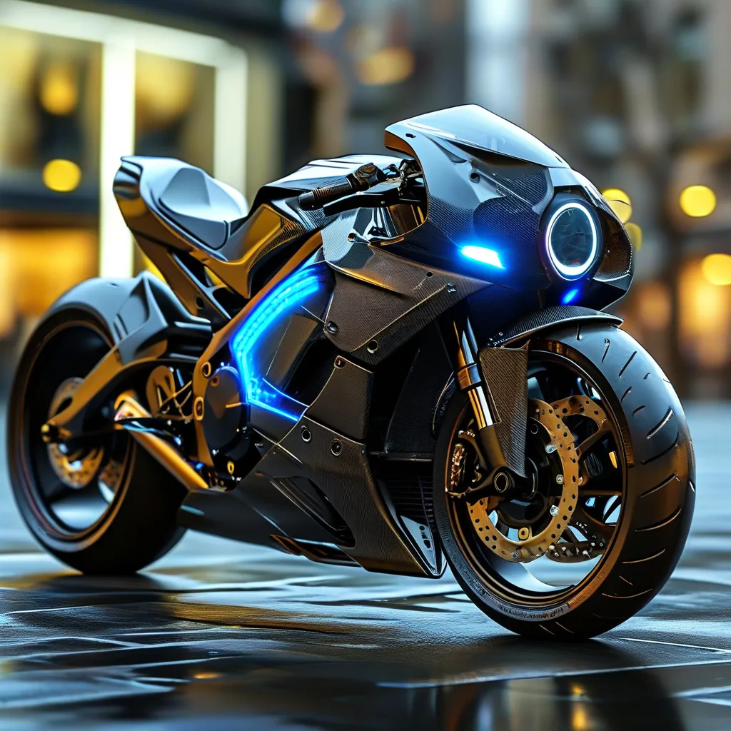 Prompt: Create a high-performance sport motorcycle with an aerodynamic and futuristic design. The bike should have a sleek matte black body accented with glowing neon blue details, including LED lights along the edges. Design a sharp, angular frame with a carbon fiber finish, showcasing modern engineering. Add ultra-modern alloy wheels with low-profile tires and a powerful exhaust system emitting a subtle blue glow. Place the bike in an urban setting at night, with soft reflections from wet pavement and a backdrop of city lights. Emphasize speed, style, and cutting-edge technology in every detail.