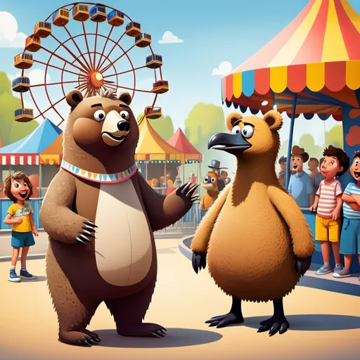 Prompt: A cartoon bear and cartoon emu waiting in line at a carnival
