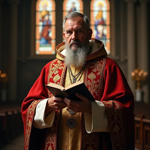 Prompt: (medieval bishop Severus), dignified and serious expression, dressed in ornate, traditional bishop robes adorned with rich gold details, holding a closed Bible in one hand, atmosphere of reverence and authority, strong cathedral backdrop with intricate stained glass, warm lighting highlighting his features, (4K resolution), ultra-detailed, conveying a sense of respect and rigid discipline.