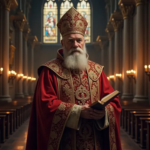 Prompt: (serious, imposing) image of a medieval bishop named Severus, aged 46, with intricate ecclesiastical attire, holding an ornate Bible, standing in an opulent cathedral with tall stained-glass windows, infused with a solemn atmosphere, rich in historical detail, deep earthy colors and warm candlelight, ultra-detailed, conveying authority and discipline.