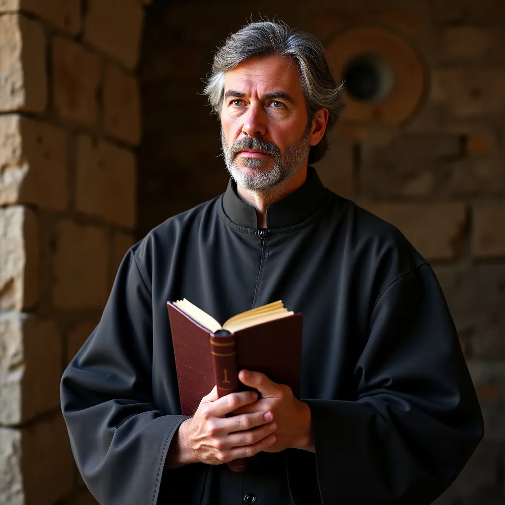 Prompt: (medieval novice Severus), dignified and serious expression, dressed in a simple habit, holding a closed Bible in one hand, atmosphere of reverence and authority, simple background in the monastery, warm lighting highlighting his features, (4K resolution), ultra-detailed, conveying a sense of respect and rigid discipline but he is 46 and has grey hair