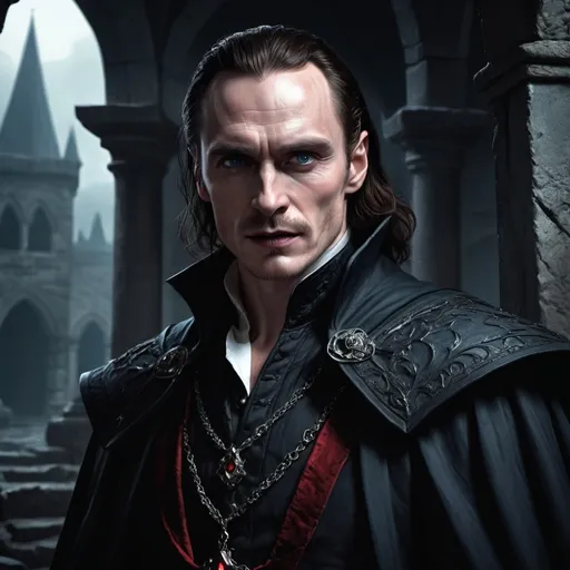 Prompt: hyper-realistic Michael Fassbender dracula vampire character, dark medieval fantasy character art, illustration, dnd, cold tone medieval fantasy, character art, (Dungeons & Dragons), intricate details, smug expression showing fangs, dramatic shadows, elegant pose, dynamic lighting, (cold tones), eerie ambiance, vibrant colors, (ultra-detailed illustration), mystical background with ancient ruins, fantasy elements intertwined.