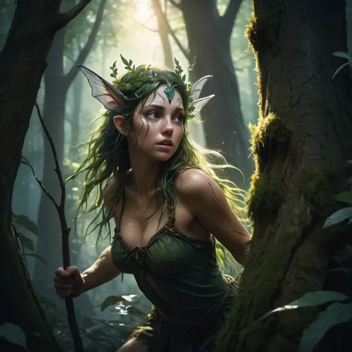 Prompt: Splash art of a Nymph in a thick forest peering out from behind a tree, action pose, heroic fantasy, medieval scene, creature concept art, atmospheric lighting.
