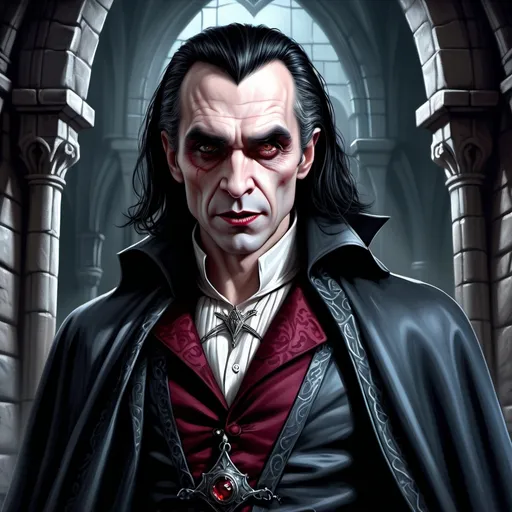 Prompt: hyper-realistic Daniel Day-Lewis dracula vampire character, dark medieval fantasy character art, illustration, dnd, cold tone medieval fantasy, character art, (Dungeons & Dragons), intricate details, smug expression showing fangs, dramatic shadows, elegant pose, dynamic lighting, (cold tones), eerie ambiance, vibrant colors, (ultra-detailed illustration), mystical background with ancient ruins, fantasy elements intertwined.