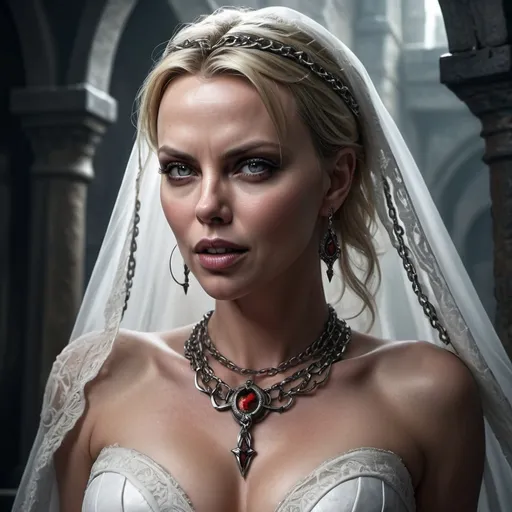 Prompt: hyper-realistic Charlize Theron with fangs as a vampire bride female character, sensual, alluring, curvy medieval fantasy character art, illustration, dnd, cold tone with lots of tribal tattoos) in chains, chains for clothing, medieval fantasy, character art, (Dungeons & Dragons), intricate details, sensual and alluring expression, dramatic shadows, elegant pose, dynamic lighting, (cold tones), eerie ambiance, vibrant colors, (ultra-detailed illustration), mystical background with ancient ruins, fantasy elements intertwined.