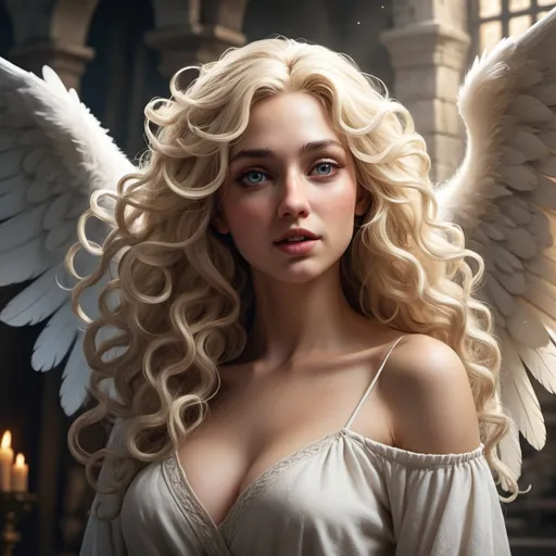 Prompt: Create an image of a hyper-realistic female angel character, long curly blond hair, happy, sensual, alluring, curvy medieval fantasy character art, illustration, dnd, cold tone, medieval fantasy, character art, (Dungeons & Dragons), intricate details, sensual and alluring expression, dramatic shadows, elegant pose, dynamic lighting, (cold tones), eerie ambiance, vibrant colors, (ultra-detailed illustration), mystical background with ancient ruins, fantasy elements intertwined. 