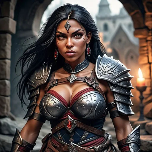 Prompt: image of the hyper-realistic female hobgoblin warrior character, combining sensual strength, alluring mystery, and curvy elegance in a medieval fantasy world. The dynamic lighting and eerie ambiance create a captivating scene. hyper-realistic female hobgoblin warrior character, muscular, long black hair, elf ears, deep red skin, barbarian armor leather, fierce, sensual, alluring, curvy medieval fantasy character art, illustration, dnd, cold tone with lots of tribal tattoos) medieval fantasy, character art, (Dungeons & Dragons), intricate details, sensual and alluring expression, dramatic shadows, elegant pose, dynamic lighting, (cold tones), eerie ambiance, vibrant colors, (ultra-detailed illustration), mystical background with ancient ruins, fantasy elements intertwined.