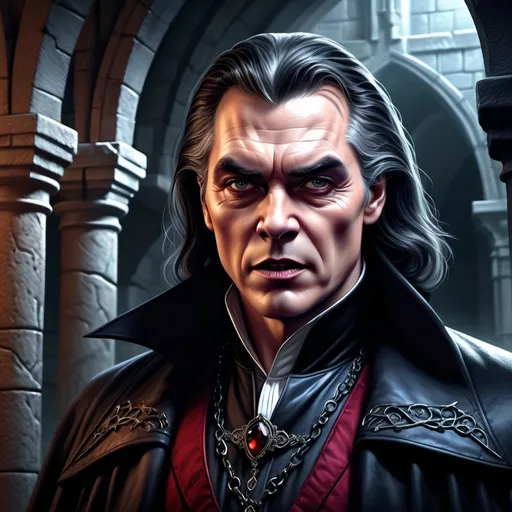 Prompt: hyper-realistic Ray Liotta dracula vampire character, dark medieval fantasy character art, illustration, dnd, cold tone medieval fantasy, character art, (Dungeons & Dragons), intricate details, smug expression showing fangs, dramatic shadows, elegant pose, dynamic lighting, (cold tones), eerie ambiance, vibrant colors, (ultra-detailed illustration), mystical background with ancient ruins, fantasy elements intertwined.