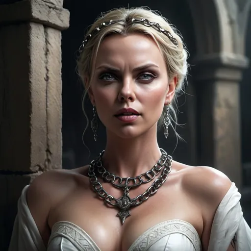 Prompt: hyper-realistic Charlize Theron vampire bride female character, sensual, alluring, curvy medieval fantasy character art, illustration, dnd, cold tone with lots of tribal tattoos) in chains, chains for clothing, medieval fantasy, character art, (Dungeons & Dragons), intricate details, sensual and alluring expression, dramatic shadows, elegant pose, dynamic lighting, (cold tones), eerie ambiance, vibrant colors, (ultra-detailed illustration), mystical background with ancient ruins, fantasy elements intertwined.