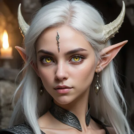 Prompt: Create a hyper-realistic portrait of a dragon-like female character with an elegant and ethereal appearance. She has features that blend human/elfin qualities with subtle draconic elements. Her skin is smooth with scales, but her face is free of spikes, giving her a more human or elven appearance. She has long, flowing black hair and piercing yellow eyes that gaze directly at the viewer. Her expression is both mysterious and alluring, combining strength with sensuality. The lighting is dynamic, with cool tones and dramatic shadows that add depth to her features. The background should be mystical, with ancient ruins intertwined with fantasy elements. The overall vibe should be a blend of elegance and danger, with a focus on intricate details and vibrant colors.

Additional Notes:

No facial spikes, only smooth scales and elf-like ears.
Retain her draconic eyes, but soften other features to blend with human/elf aesthetics.
Dynamic, cold-toned lighting that creates an eerie but captivating ambiance.