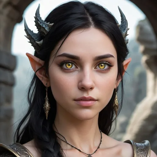 Prompt: Create a hyper-realistic portrait of a dragon-like female character with an elegant and ethereal appearance. She has features that blend human/elfin qualities with subtle draconic elements. Her skin is smooth with scales, but her face is free of spikes, giving her a more human or elven appearance. She has long, flowing black hair and piercing yellow eyes that gaze directly at the viewer. Her expression is both mysterious and alluring, combining strength with sensuality. The lighting is dynamic, with cool tones and dramatic shadows that add depth to her features. The background should be mystical, with ancient ruins intertwined with fantasy elements. The overall vibe should be a blend of elegance and danger, with a focus on intricate details and vibrant colors.

Additional Notes:

No facial spikes, only smooth scales and elf-like ears.
Retain her draconic eyes, but soften other features to blend with human/elf aesthetics.
Dynamic, cold-toned lighting that creates an eerie but captivating ambiance.