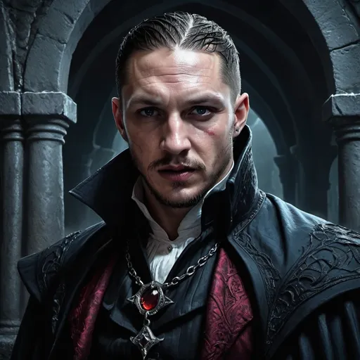 Prompt: hyper-realistic Tom Hardy dracula vampire character, dark medieval fantasy character art, illustration, dnd, cold tone medieval fantasy, character art, (Dungeons & Dragons), intricate details, smug expression, dramatic shadows, elegant pose, dynamic lighting, (cold tones), eerie ambiance, vibrant colors, (ultra-detailed illustration), mystical background with ancient ruins, fantasy elements intertwined.