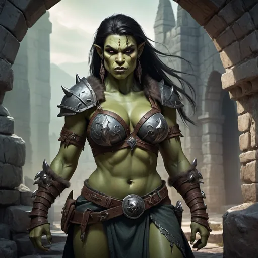 Prompt: image of the hyper-realistic female orc warrior character, combining strength, mystery, and elegance in a medieval fantasy world. The dynamic lighting and eerie ambiance create a captivating scene. hyper-realistic female orc warrior character, muscular, long black hair, tusks on lower jaw, green skin, barbarian armor leather, happy, sensual, alluring, curvy medieval fantasy character art, illustration, dnd, cold tone with lots of tribal tattoos) medieval fantasy, character art, (Dungeons & Dragons), intricate details, sensual and alluring expression, dramatic shadows, elegant pose, dynamic lighting, (cold tones), eerie ambiance, vibrant colors, (ultra-detailed illustration), mystical background with ancient ruins, fantasy elements intertwined.