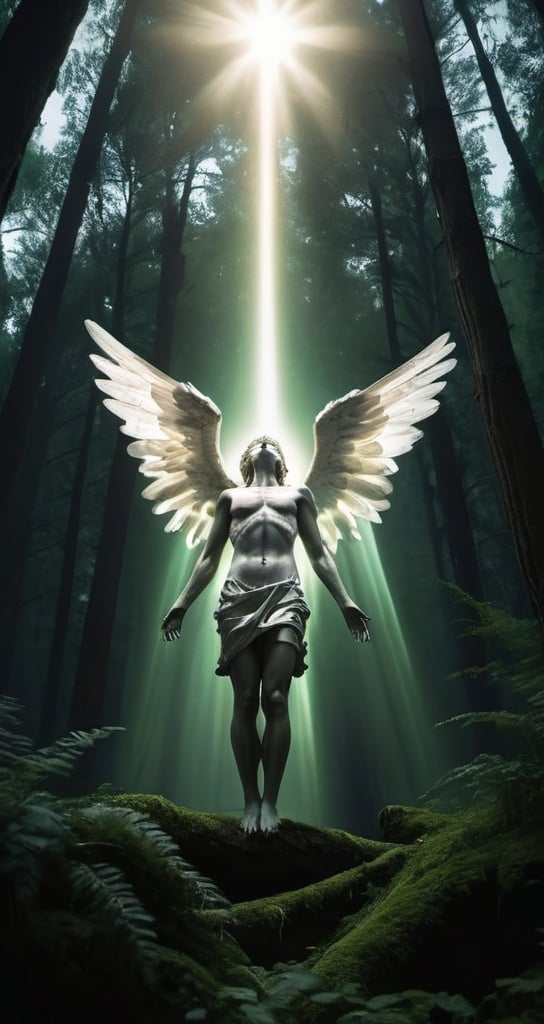 Prompt: realistic image; shot from below; body of dead angel holding glowing rays falling from the dark sky; dynamic pose; deep green forest