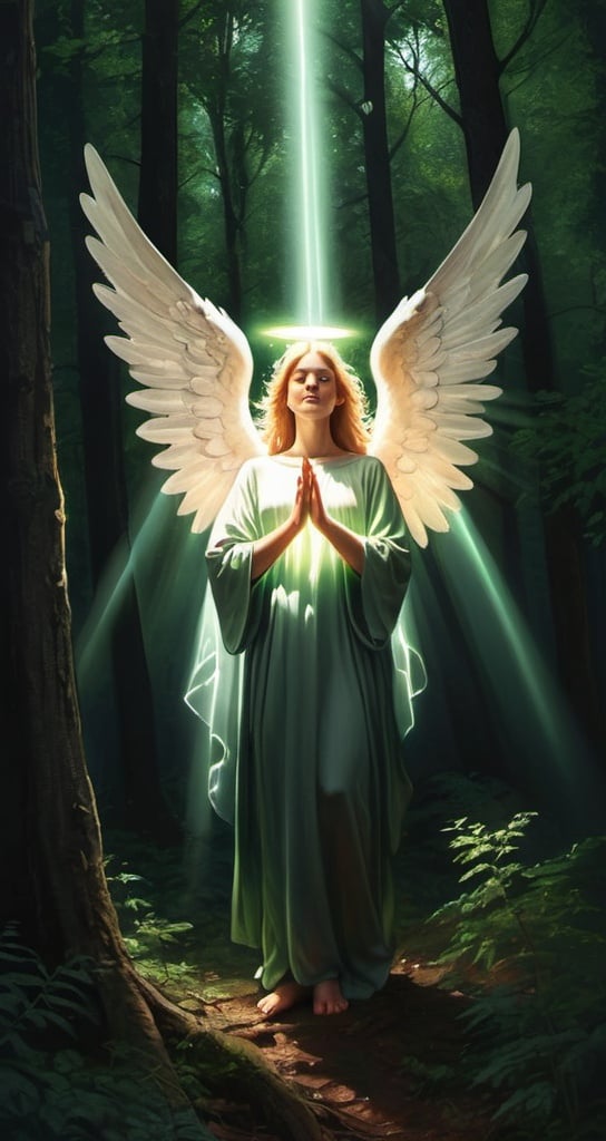 Prompt: realistic image; angel holding glowing rays falling from the dark sky; deep green forest