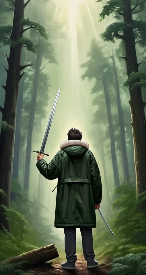 Prompt: realistic image; man wearing parka pointing sword to heaven; deep dark green forest