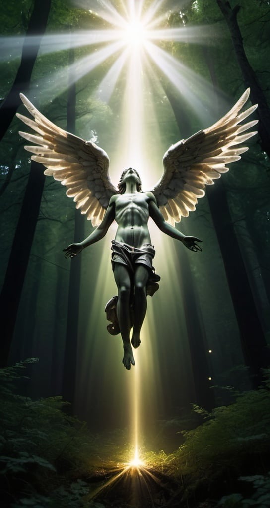 Prompt: realistic image; shot from below; body of dead angel holding glowing rays falling from the dark sky; deep green forest