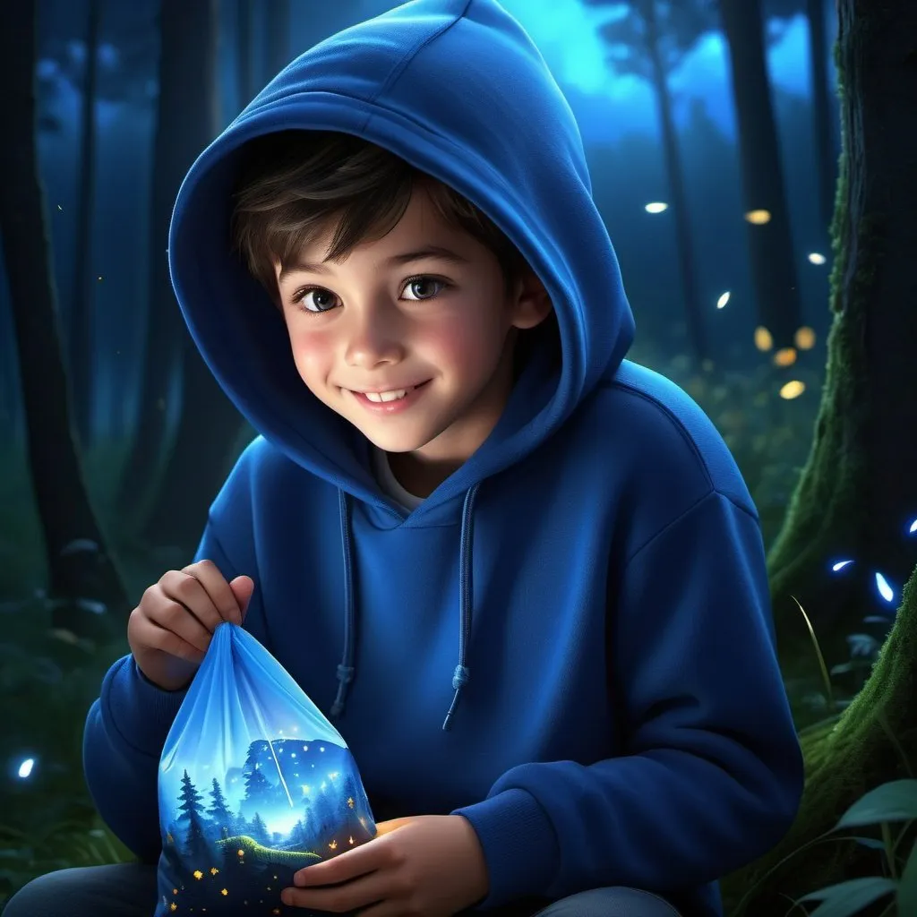 Prompt: ultra realistic, zoom out view, 3d rendered image, perfect shape, one boy opening bag with wicked smile, three boy blue hoodie sleeping in the background, blue enchanted forest, dark sky, fireflies, dark fog, digital illustration, sakimichan style, 4k, high res,