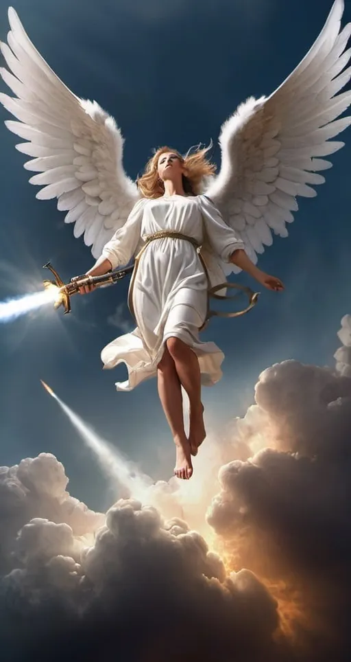 Prompt: realistic image; shot from below; angel war in the sky