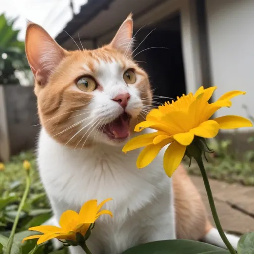 Prompt: um gato e cão uma flor com uma abelha em volta