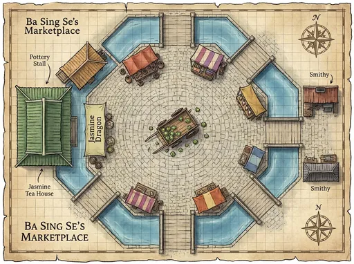 Prompt: Top down map of Ba Sing Sa marketplace (D&D battle map) a cabbage cart surrounded by other shops
