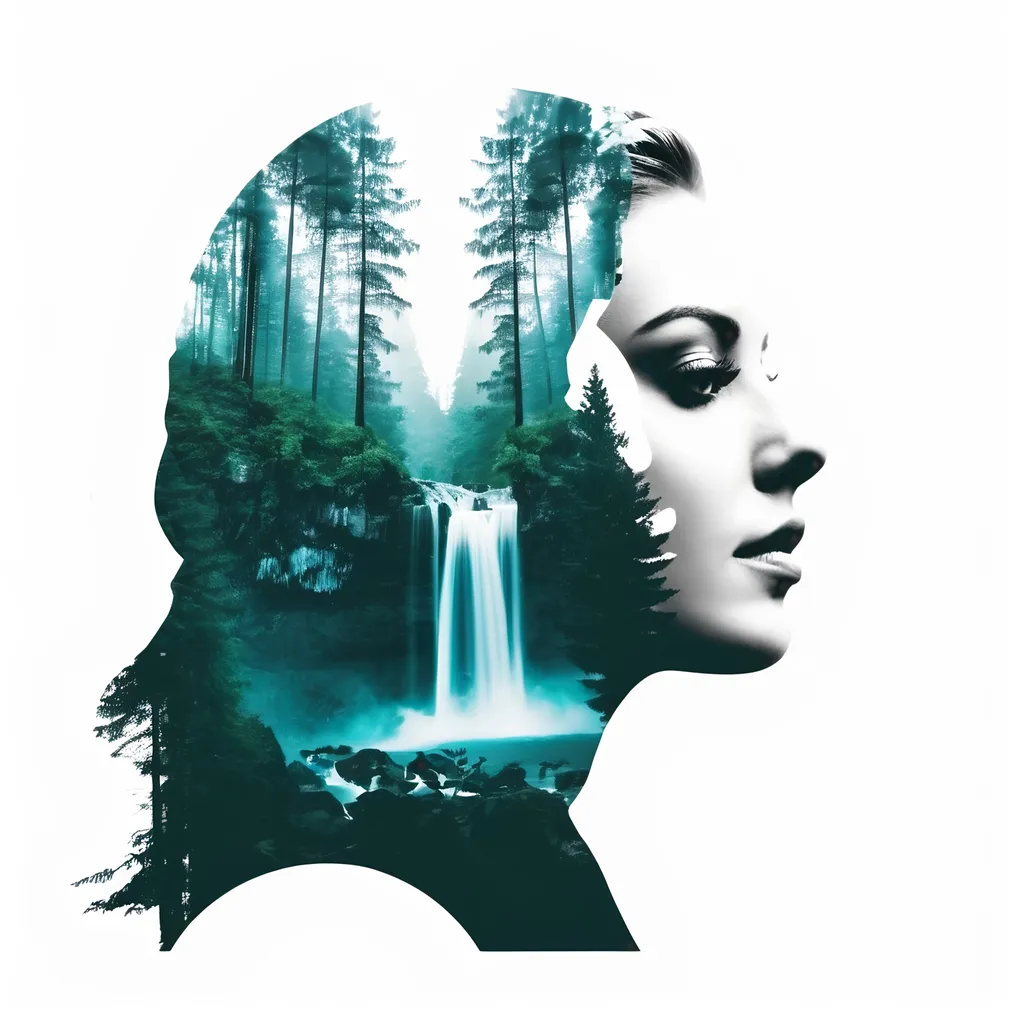 Prompt: double exposure portrait with  forest and waterfall on a white isolated background