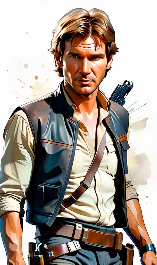 Prompt: Harrison Ford as a Han Solo, digital illustration, comic style, cyberpunk, perfect anatomy, approaching perfection, dynamic, highly detailed, watercolor painting, concept art, smooth, sharp focus, illustration, art by Carne Griffiths and Wadim Kashin, full body