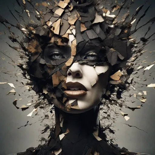 Prompt: Explosive, fragmented woman's face, wide ratio, chic illustrations, graceful sculptures, misc-macabre style, cracked, poured paint, fragmented figures, high contrast, wide-angle, surreal, detailed features, dark tones, dramatic lighting