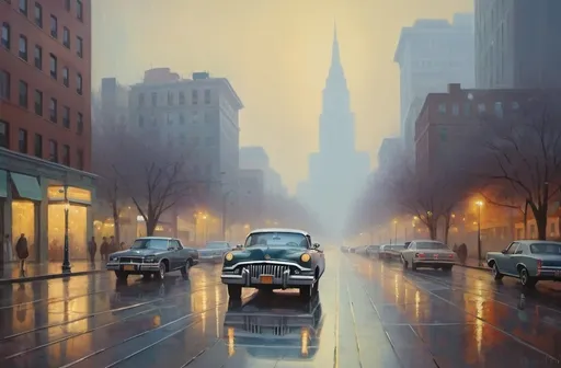 Prompt: i came to the city in a buick roadmaster on a misty morning impressionism