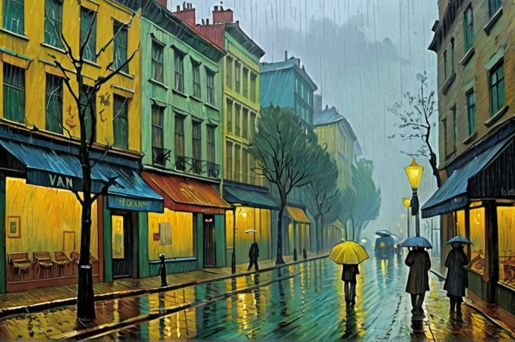 Prompt: van gogh rainy morning city