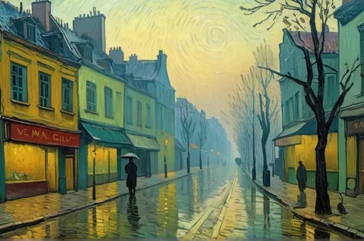 Prompt: misty morning in a city after rain painted by van gogh