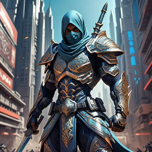 Prompt: Muslim,assassin,futuristic,cyber, heavy infantry, warrior, (dynamic pose), wielding two ornate swords, (anime style), intricate armor with traditional patterns, dramatic shadows and highlights to emphasize muscle tone, (vibrant colors), detailed facial expression showing determination, richly designed background reminiscent of an futuristic city battlefield, (highly detailed), 4K quality, intense and action-packed atmosphere.