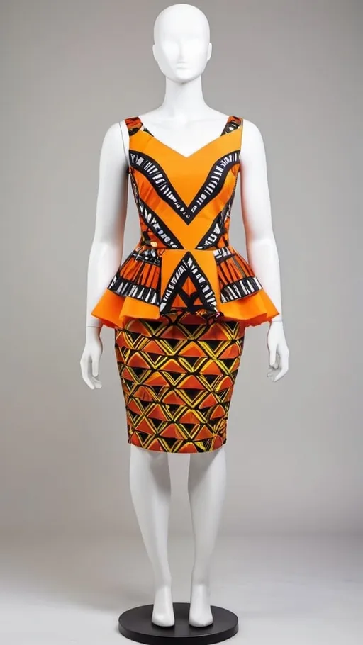 Prompt: A white headless mannequin dressed in a stylish African print outfit. The outfit consists of a form-fitting dress with a bold, geometric black and yellow pattern on the bodice and a vibrant orange peplum and skirt adorned with circular designs, white background.