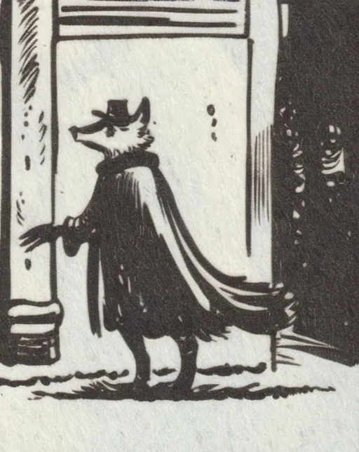 Prompt: a humanoid fox wearing a heavy trenchcoat and fedora on his head and his tail waggling up in the street, passing by a door. He looks around hnd sees himself and seeing the orad and  streets breaking like glass