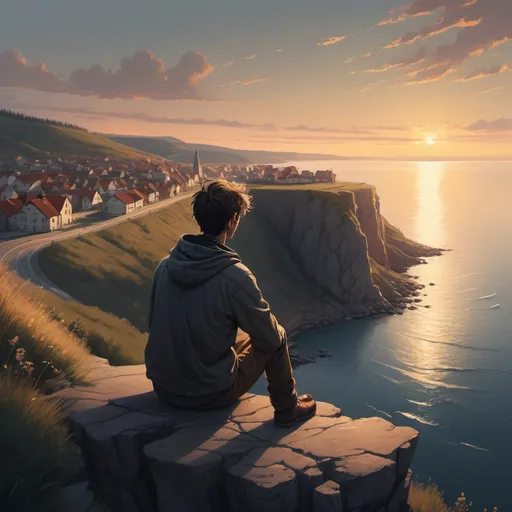 Prompt: Un ragazzo di 30 anni, seduto sul bordo di un dirupo, mentre osserva il sole tramontare in una baia dove è presente un piccolo paese. Spira una lieve brezza. Il tutto è un po' malinconico ma con aria di speranza
