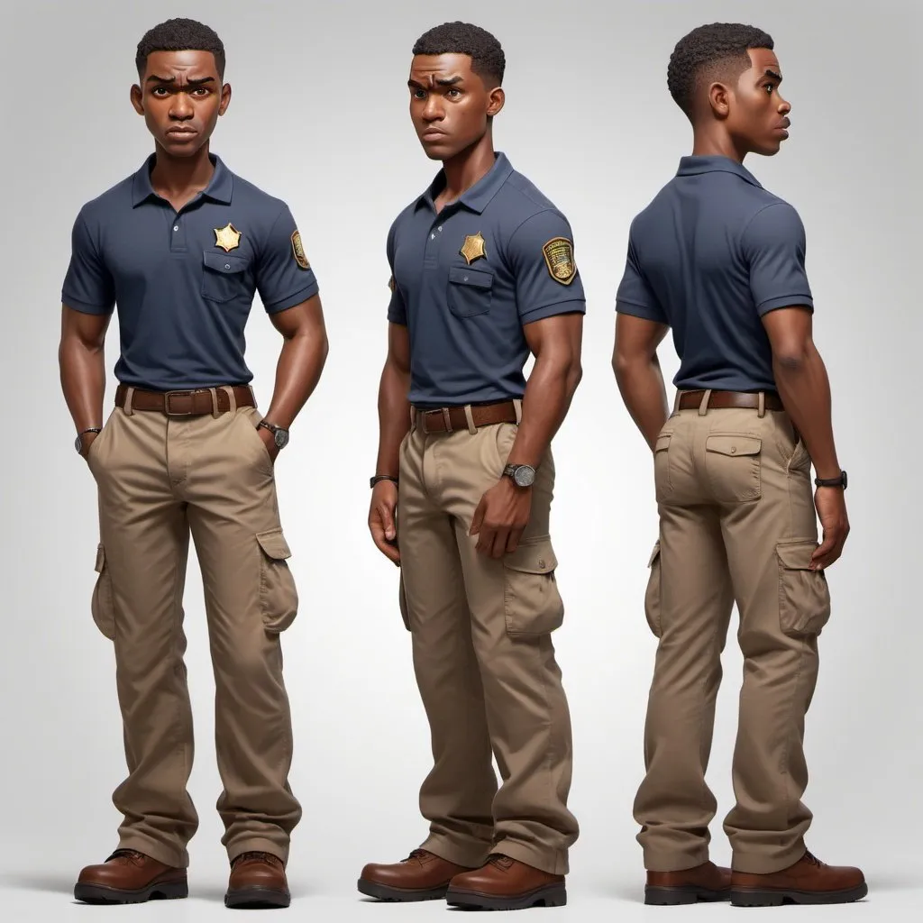 Prompt: Young African American, code enforcement, character sheet, cargo pants and polo shirt with a badge on it, professional, detailed facial expressions, multiple poses, high quality, character design, realistic style, professional lighting, urban setting, detailed eyes, character design, cool tones, serious and focused expressions