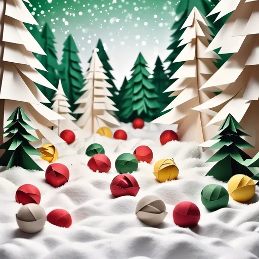 Prompt: paper christmas scenery crumbled color balls in forest snow