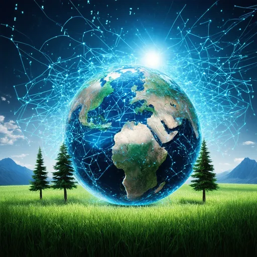 Prompt: A photorealistic 3D concept illustration showing the invisible flow of futuristic technology through every atom of Earth’s natural elements — including grass, trees, mountains, sky, and sun. Streams of glowing binary code and interconnected neon circuits wrap around all elements, connecting the natural and the artificial. The scene is illuminated with radiant energy pulses and dynamic ambient lighting, blending surrealism and realism in a harmonious fusion. Cinematic depth of field, high-definition detail, golden ratio composition, and a dreamlike futuristic glow. The design feels like a sci-fi nature symphony inspired by modern digital trends.