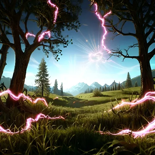 Prompt: Cinematic 3D render of a surreal fusion between nature and technology: glowing binary code flowing through every atom of grass, trees, mountains, sky, and sun. Electrical nodes wrap and connect all elements, both organic and inorganic. Neon glow accents, radiant energy waves, and dynamic ambient lighting enhance a dreamlike, futuristic atmosphere. Photorealistic detail, macro textures, golden ratio composition. Rendered in Unreal Engine style with HDR lighting, volumetric fog, biotechnological design influences. Hyper-detailed, ultra-sharp, inspired by Freepik and Pixabay trends