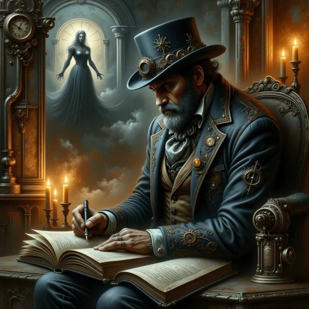 Prompt: Cinematic scene of an old manor interior, hauntingly intricate architecture, dimly lit atmosphere with flickering candles casting eerie shadows, a skeptic journalist dressed in vintage clothing, intently examining a hidden diary, dark family secrets hinted in the pages, an unsettling presence felt in the air, rich, deep colors, ultra-detailed, high depth, evokes suspenseful intrigue, ghostly whispers in the corner of the room, clock striking midnight.