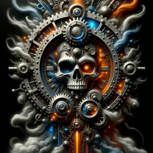 Prompt: Bass Drum Clock, powerful and minmalist steampunk design, featuring skull embedded within one gear, conveying the essence of Dreampunk aesthetics, minimalist style. Monochrome color palette with deep, rich dark tones, accented by striking highlights of vibrant orange, cobalt blue, and warm copper, creating a dramatic contrast, seamless blend of reflections and shadows, 4K HD