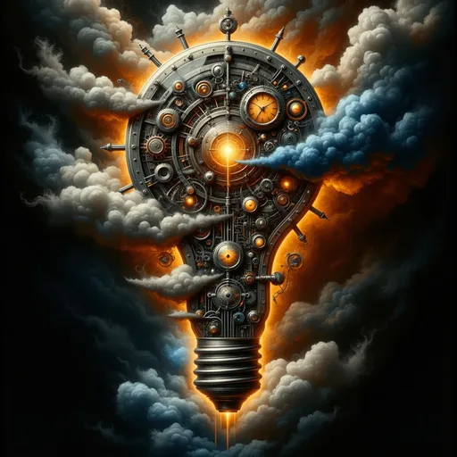 Prompt: Create a powerful image of [stainglass puzzle lightbulb ] in the style of [oil painting ] steampunk [Edison Victorian], with a [Clock ] with a [3D 4K ] . Use a monochrome palette dominated by dark tones, complemented by striking highlights of vibrant orange, cobalt blue, and copper for contrast.  Focus on a sleek and modern design with a minimalist aesthetic to ensure clarity and impact. Incorporate smooth, rounded, and soft-edged patterns to highlight the interaction between the divine and the mechanical elements of the [Clock ].   Aim for a dramatic atmosphere with high-contrast lighting that conveys both [Curiosity ] and  [Ideas ]. Use mixed media techniques to blend organic textures with steampunk symbolism, creating a sense of both elegance and tension.  Symbolic References: Subtly incorporate elements that represent [Good ], [Love ] and [Innovation ].  Emotional Tone: Convey a deep sense of [Curiosity ]  and unease through dramatic shadow contrasts and atmospheric lighting.